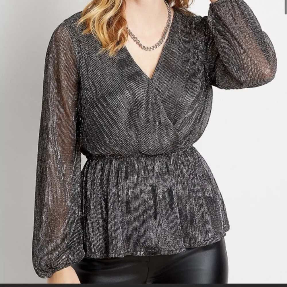 Maurices Gunmetal Shimmer Wrap Peplum Blouse. Size M